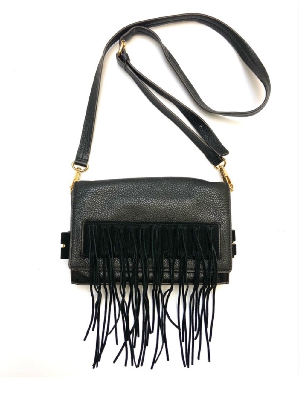 Rebecca Minkoff Black Leather Crossbody with Fringe and Gold Hardware